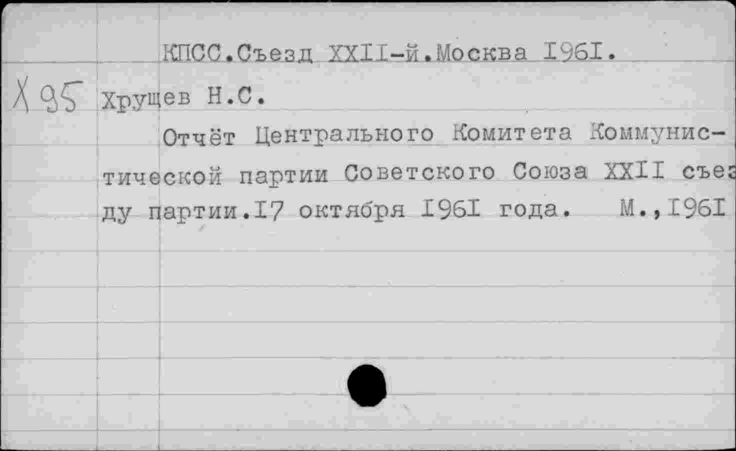 ﻿КПСС.Съезд ХХИ-й. Москва 1961.
Хрущев Н.С.
Отчёт Центрального Комитета Коммунистической партии Советского Союза XXII съе ду партии.I? октября 1961 года. М., и 961